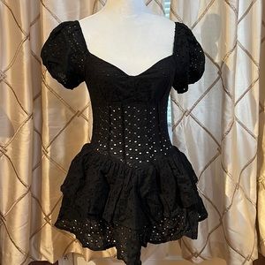 ItGirlMuse Black Ruffle Eyelet Puff Sleeve Mini Dress